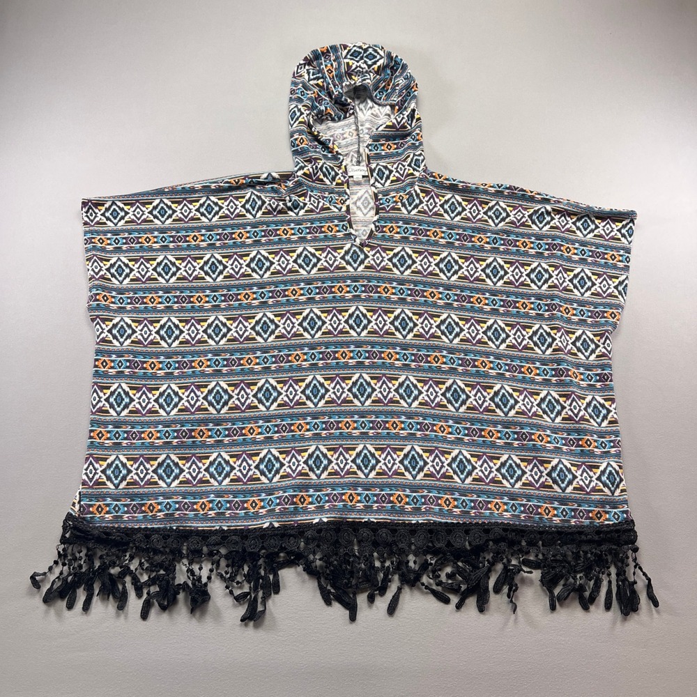 Olsenboye Poncho Sweater Womens XL Multicolor Aztec Stretch Fringed Hem Hooded